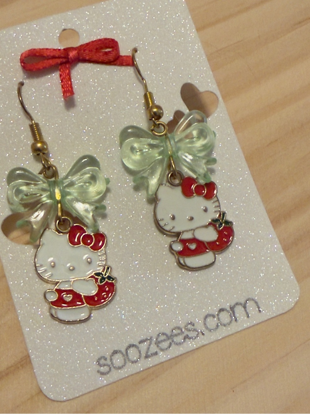 Hello Kitty Green Bow & Red Accent Dangle Earrings